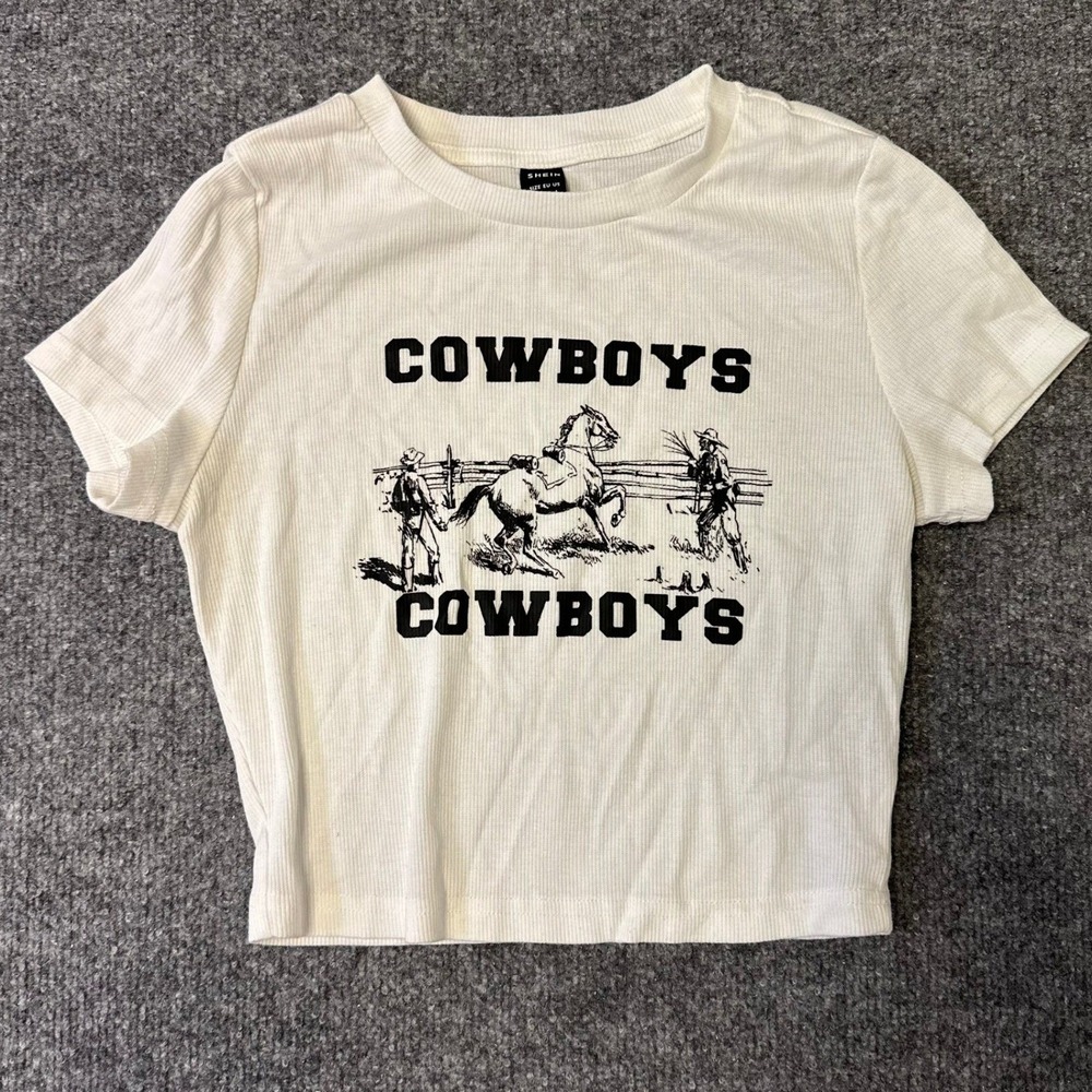 SheIn T-Shirt Womens Size S White Viscose Ribbed Western Cowboy Crop Top Stains